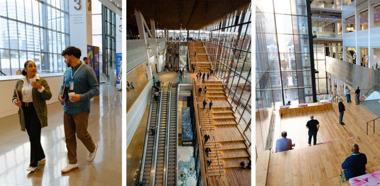 Three photos show people walking, talking, and sitting inside a modern, spacious building with large glass windows and wide wooden staircases. The space is bright and open, with multiple floors and urban views.