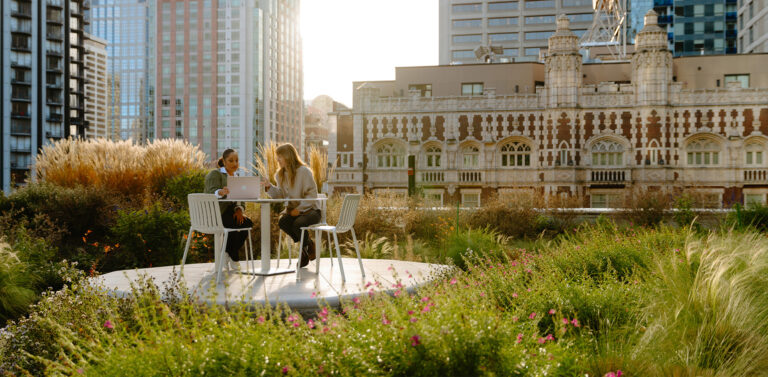 Two people sit at a white table with a laptop in a rooftop garden surrounded by city buildings and greenery, enjoying the outdoors while working.