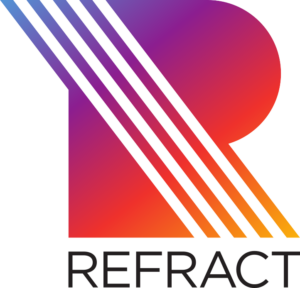 A stylized letter “R” with a gradient of purple, pink, orange, and red, intersected by diagonal white lines, above the word “REFRACT” in black capital letters.