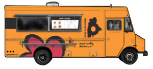 A bright orange food truck with a large pink and black bird logo, a menu board displaying burgers, and the words “impeckable” and “impeccably delicious” on the side. Condiments sit on the serving shelf.