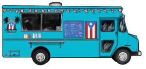A bright blue food truck with Puerto Rican flags, a menu, and tropical island graphics. A person is visible through the service window.