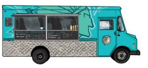 A blue food truck with a large graphic and a logo of a face in profile. The service window is open, displaying menus and condiment bottles on the counter.