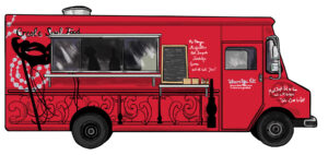 A red food truck labeled “Creole Soul Food” features a serving window, decorative black designs, a mask illustration, and a menu board. Text and social media handles appear on the side of the truck.
