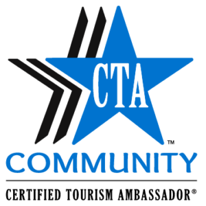 Blue star with “CTA” text, black and white stripes to the left, and the words “Community Certified Tourism Ambassador” below on a light background.