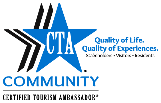Logo for Certified Tourism Ambassador with a blue star, “CTA” in the center, and text: “Quality of Life. Quality of Experiences. Stakeholders • Visitors • Residents. Community Certified Tourism Ambassador.”.
