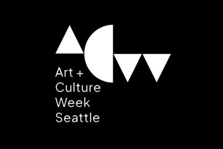 Black background with white geometric shapes and text that reads: “Art + Culture Week Seattle.”.