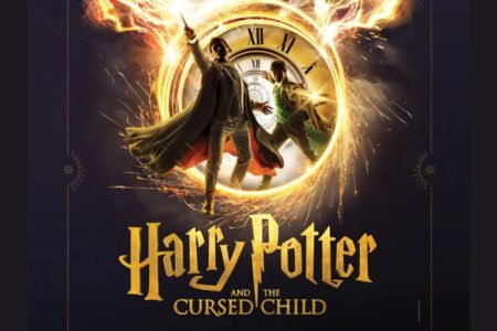 Two characters in dramatic poses run in front of a glowing clock, surrounded by magical light. “Harry Potter and the Cursed Child” is written in gold letters below them on a dark background.