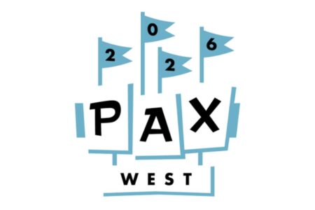 Logo for PAX West 2026. Blue flags with “2”, “0”, “2”, and “6” are above bold black letters spelling “PAX” on white rectangles, with “WEST” below in smaller text.