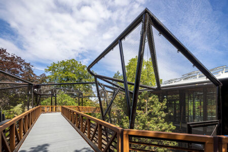 A modern, elevated walkway with wooden railings and black metal mesh sides extends through green trees under a partly cloudy sky.