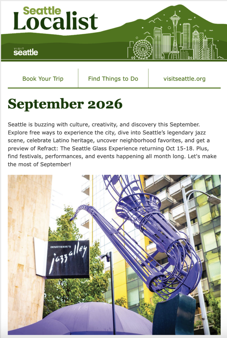A colorful flyer for “Seattle Localist” featuring September 2026 events, with a purple glass sculpture in front of a building and a green Seattle skyline graphic at the top.