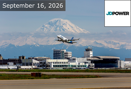 An airplane takes off from an airport with a snowy mountain in the background. Text reads “September 16, 2026” and the JD Power logo appears in the corner.